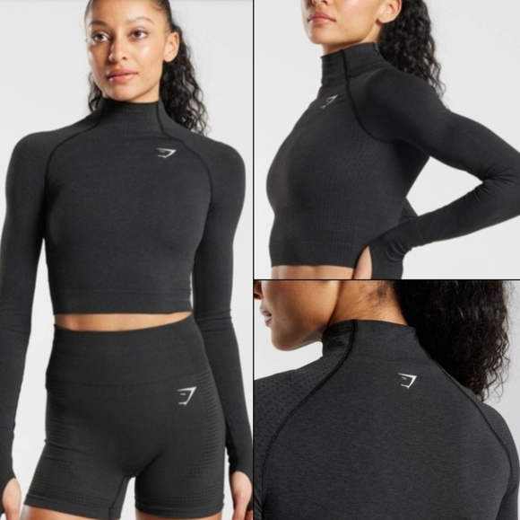 Gymshark Tops - Gymshark Vital Seamless 2.0 High Neck Midi Top Crop Pullover Black Marl! M